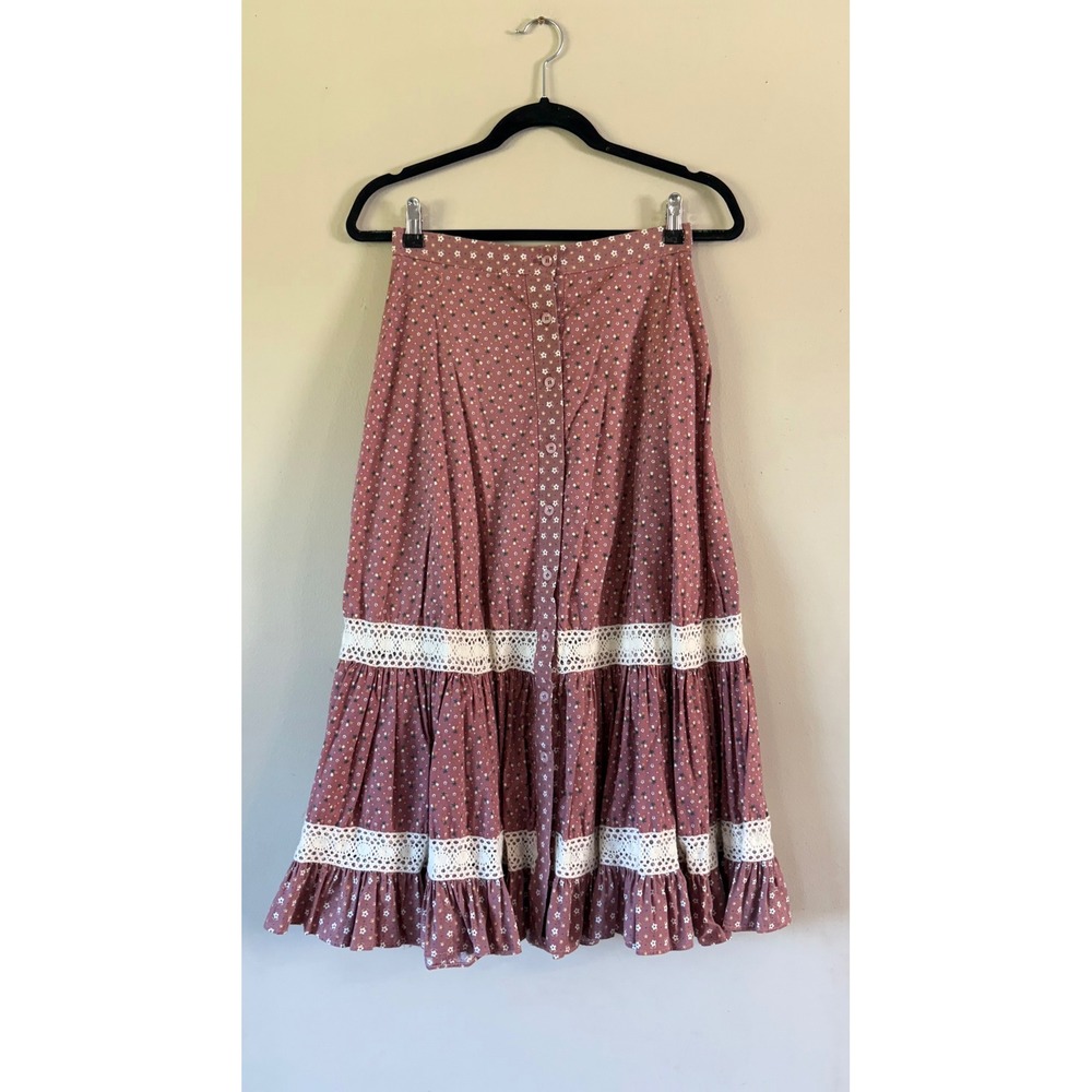 Vintage Gunne Sax Jessica Gunnies Pink Floral Lace Midi Prairie Skirt 9 Cottage
